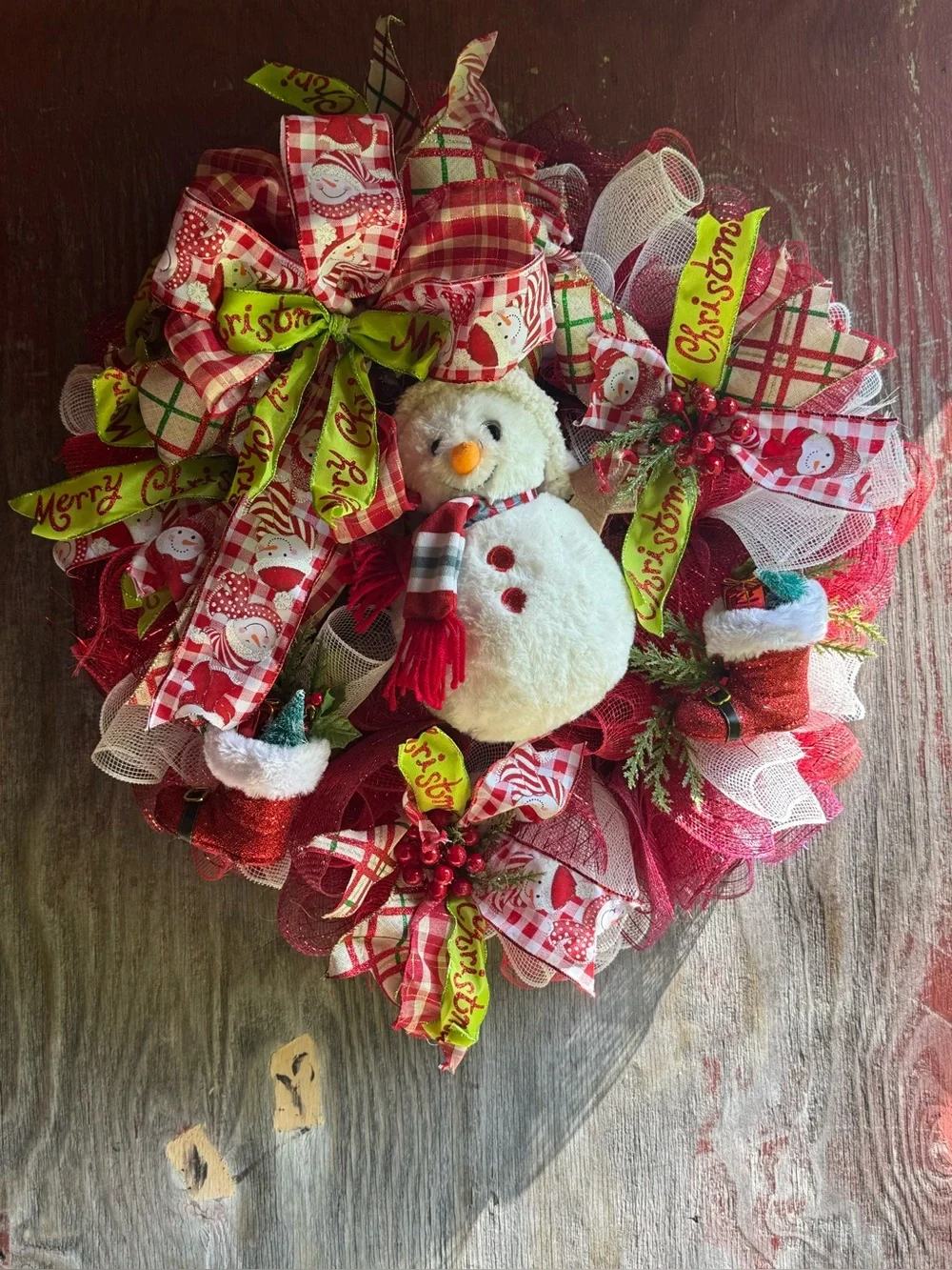 Festive Red and White Snowman Holiday Wreath